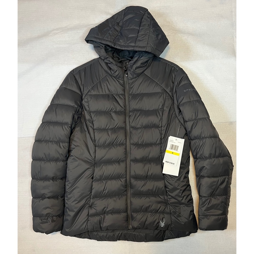 Spyder Women's Coat Puffer Jacket Medium Gray Ski Hooded Full Zip